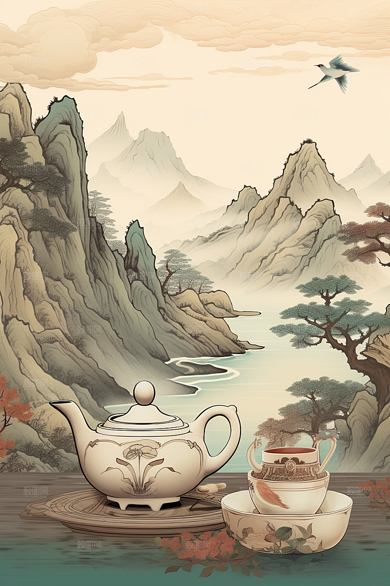 茶壶山水水墨国画插画