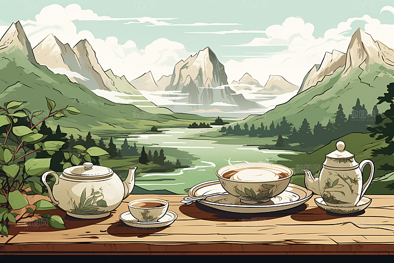 茶壶山水国画手绘插画