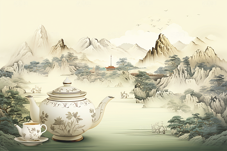 茶壶山水水墨中国风插画