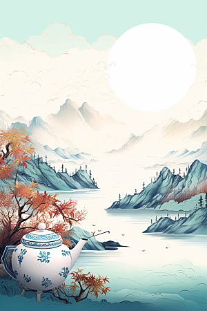 茶壶山水风景写实艺术插画