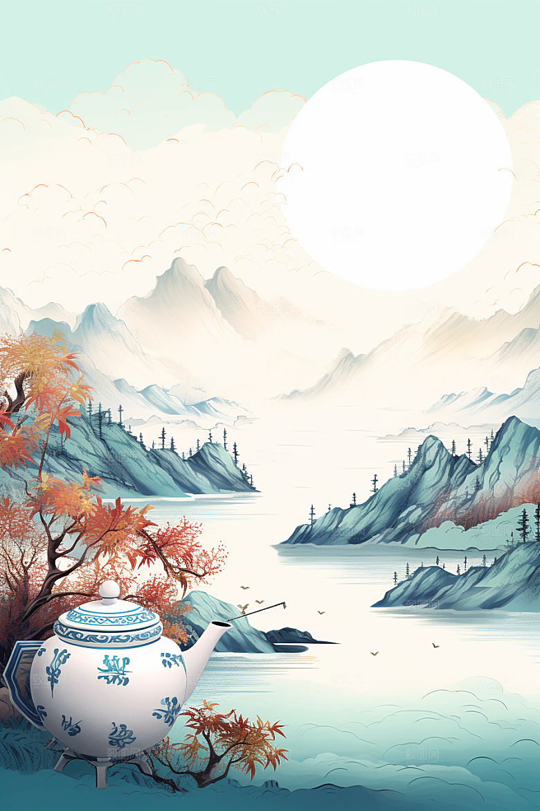 茶壶山水风景写实艺术插画