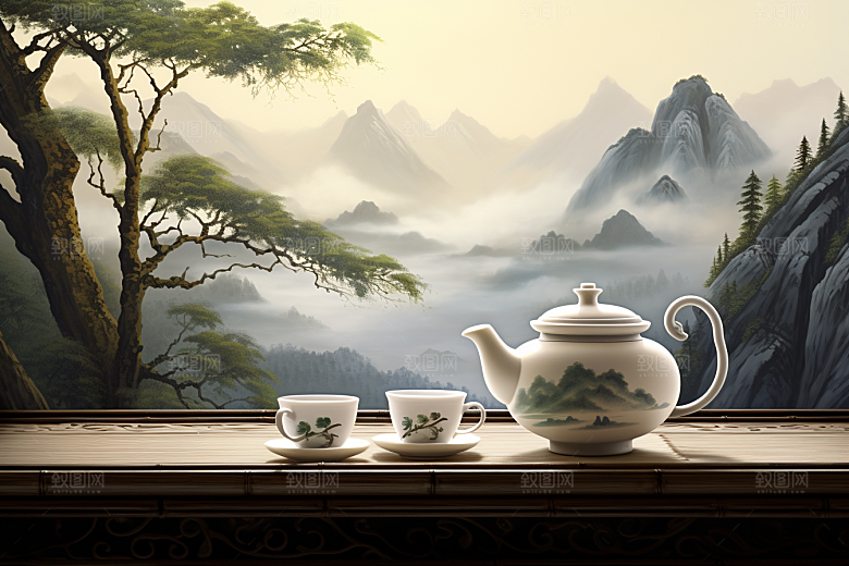 茶壶山水风景水墨插画