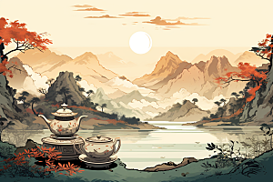 茶壶山水风景手绘插画