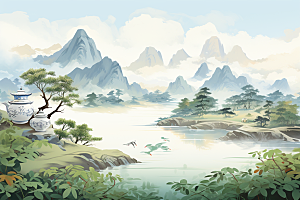 茶壶山水中国风水墨插画