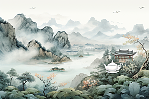 茶壶山水中国风风景插画