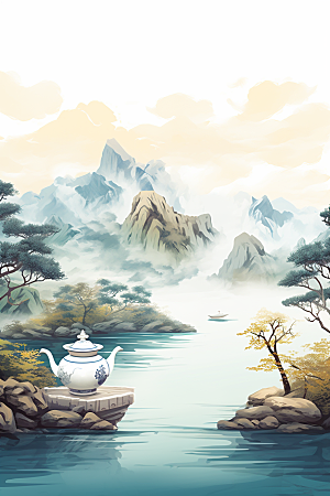 茶壶山水手绘中国风插画