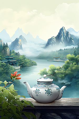 茶壶山水中国风国画插画