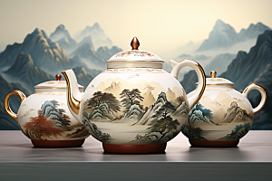 茶壶山水中国风风景插画