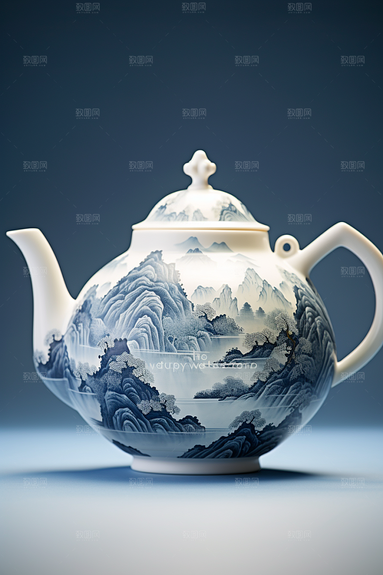 茶壶山水国画中国风插画
