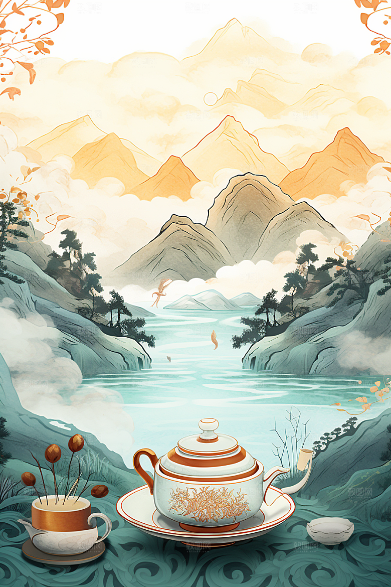 茶壶山水手绘风景插画