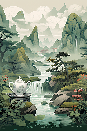 茶壶山水写实艺术手绘插画