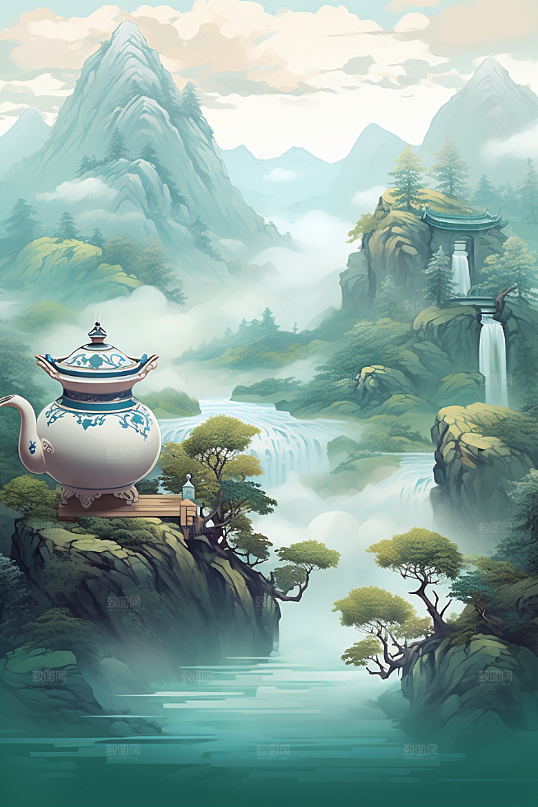 茶壶山水风景写实艺术插画