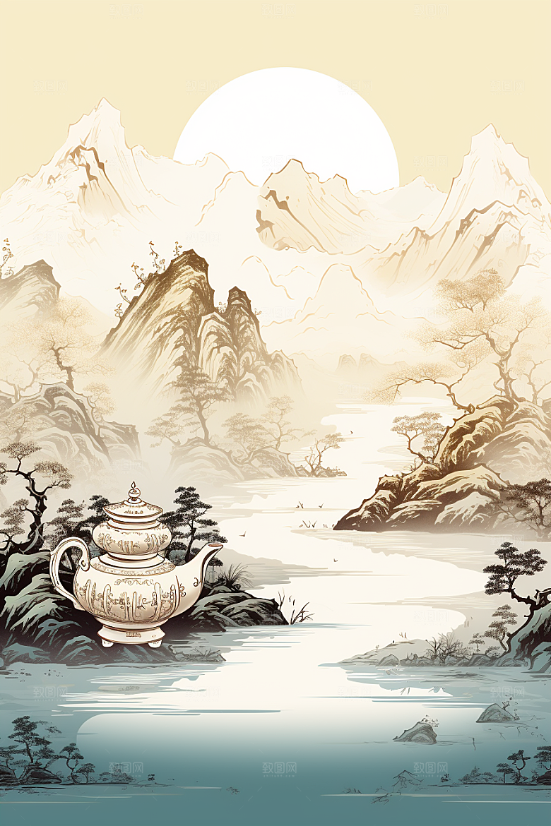 茶壶山水水墨国画插画