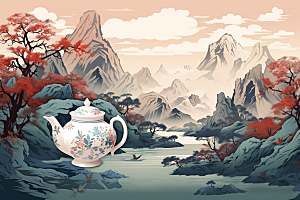 茶壶山水风景中国风插画