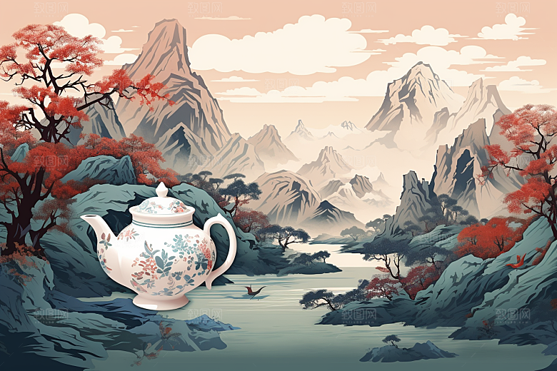 茶壶山水风景中国风插画