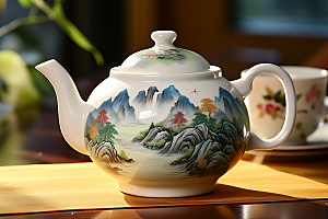 茶壶山水手绘写实艺术插画