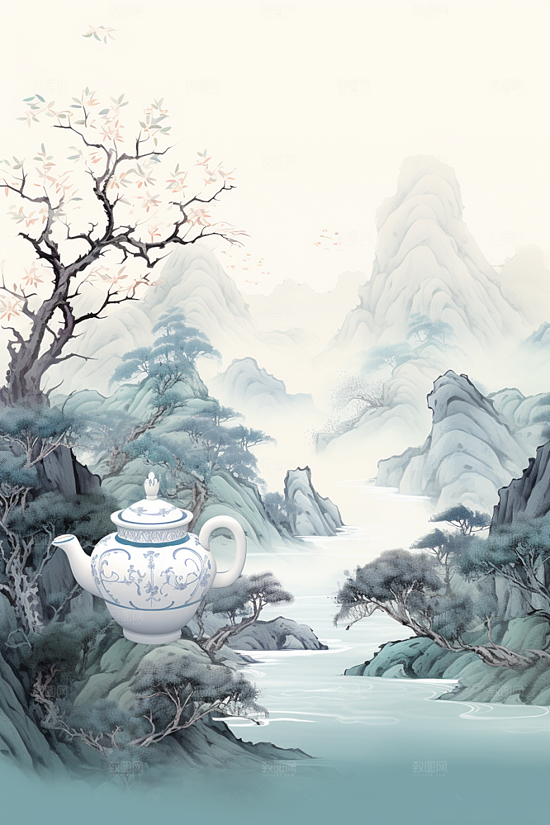 茶壶山水中国风手绘插画