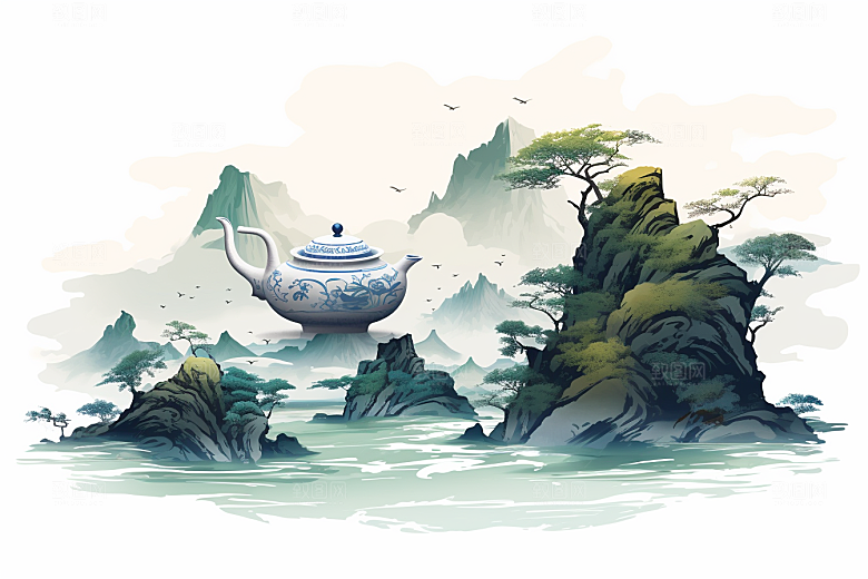 茶壶山水中国风水墨插画