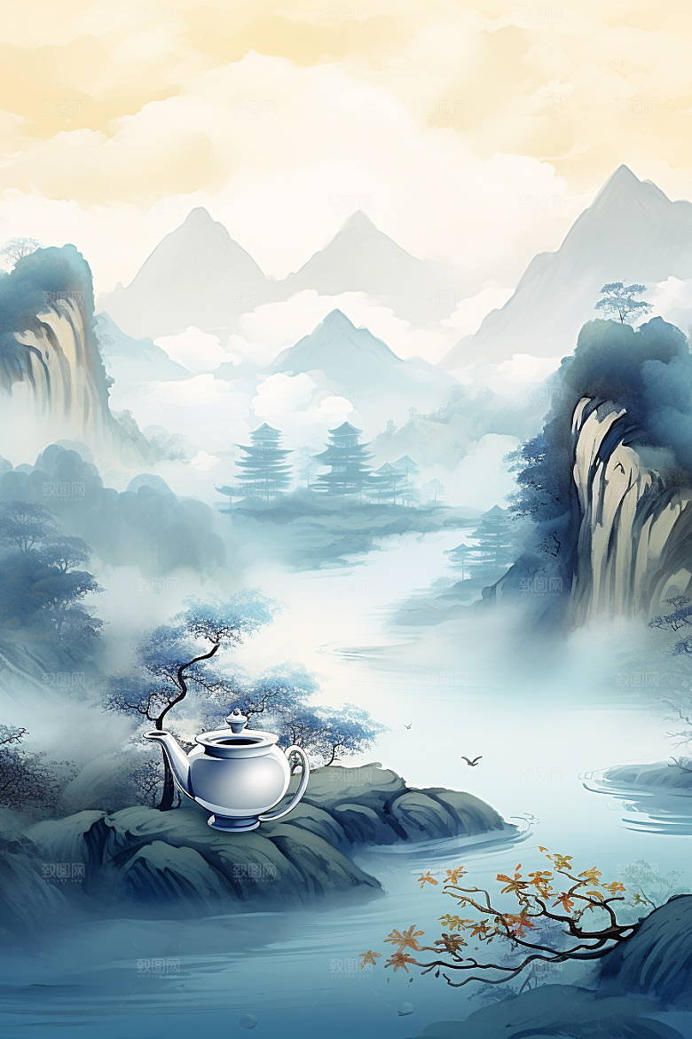 茶壶山水手绘风景插画