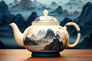 茶壶山水中国风手绘插画