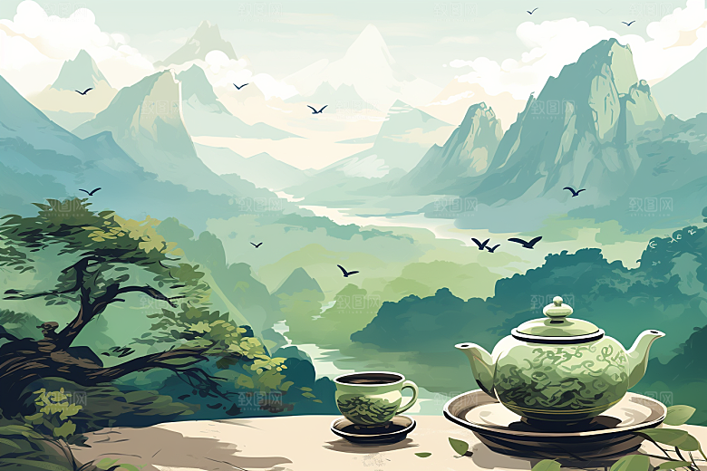 茶壶山水水墨中国风插画