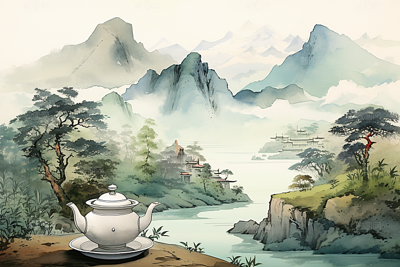 茶壶山水手绘风景插画