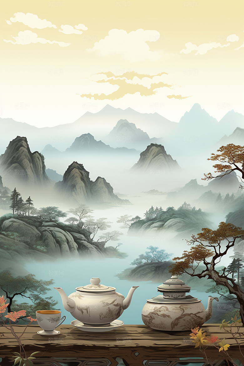 茶壶山水国画中国风插画
