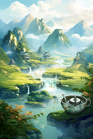 茶壶山水国画手绘插画