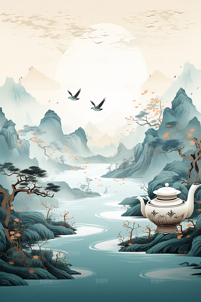 茶壶山水中国风水墨插画