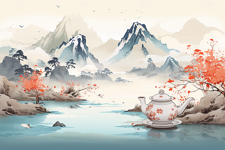 茶壶山水水墨国画插画