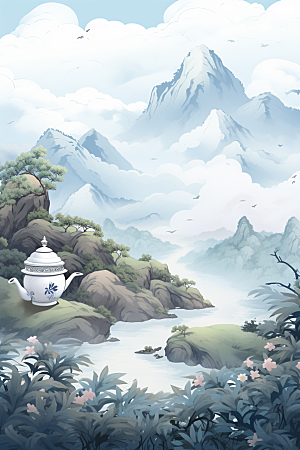 茶壶山水国画风景插画