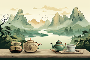 茶壶山水水墨国画插画