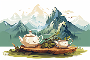 茶壶山水风景国画插画