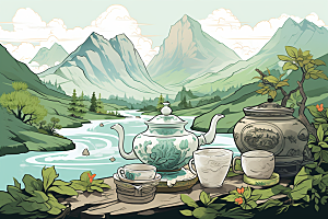 茶壶山水风景水墨插画