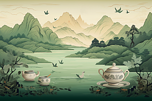 茶壶山水中国风国画插画