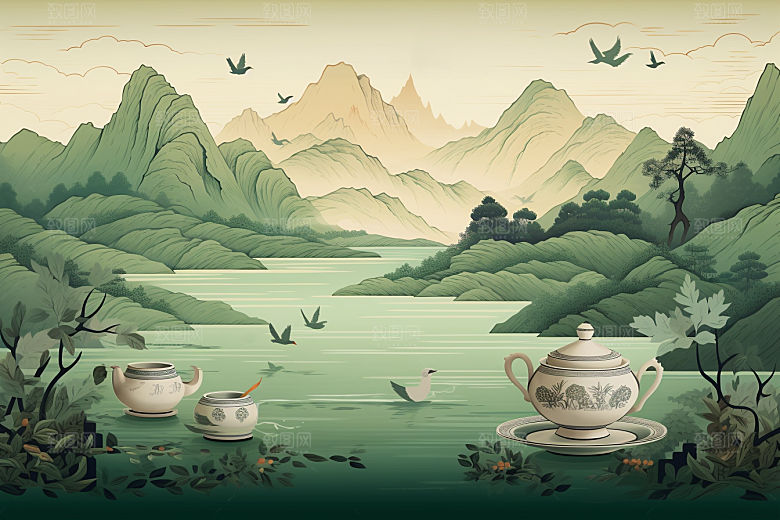 茶壶山水中国风国画插画