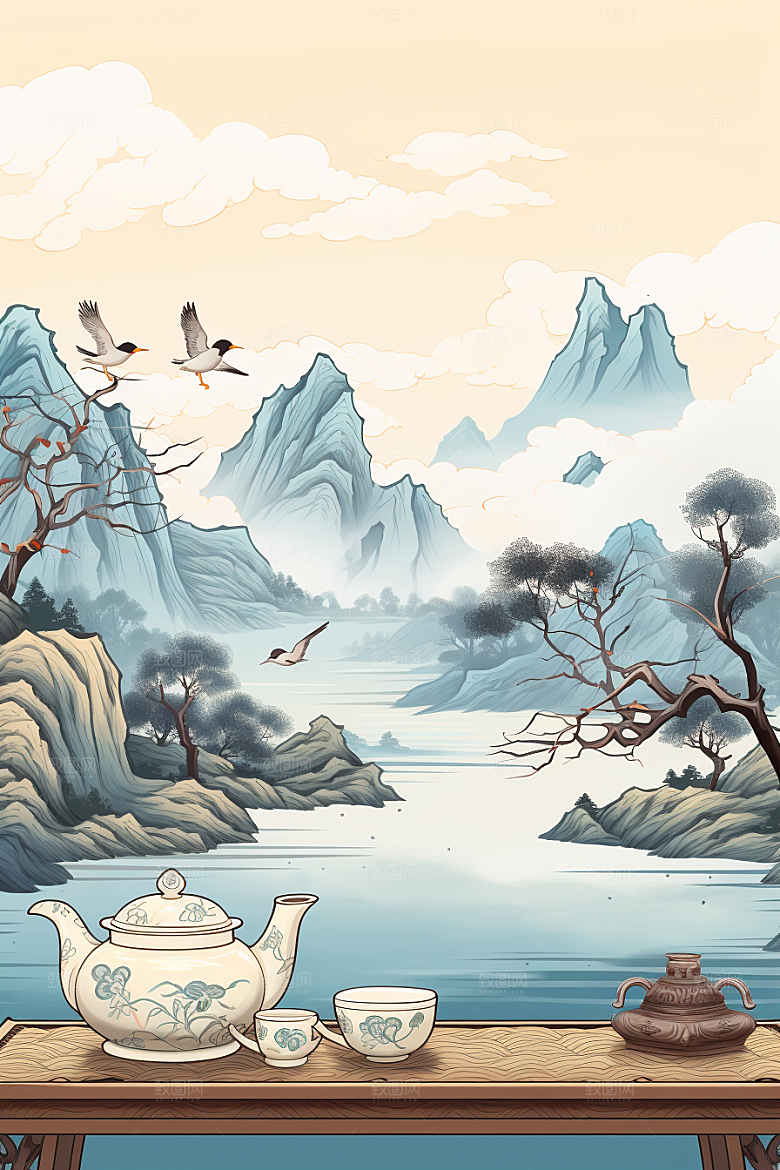 茶壶山水风景国画插画