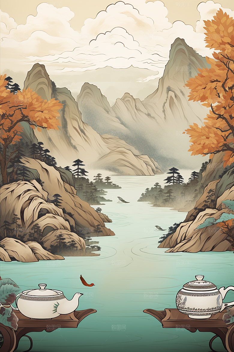 茶壶山水风景写实艺术插画