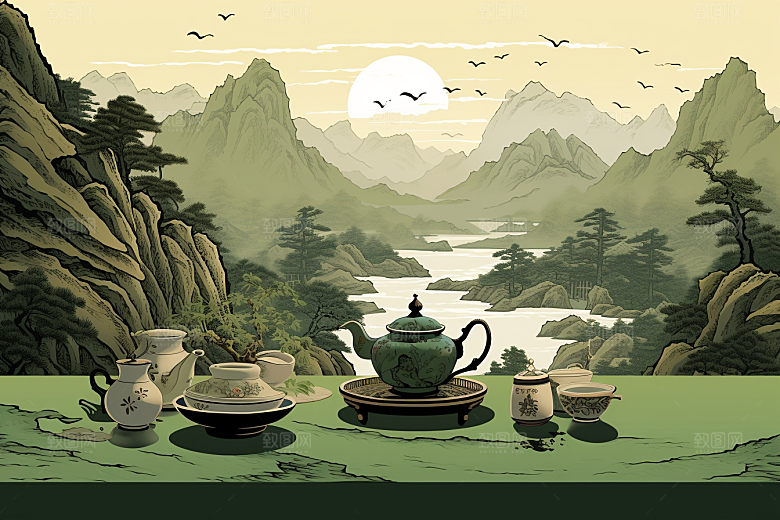 茶壶山水风景写实艺术插画
