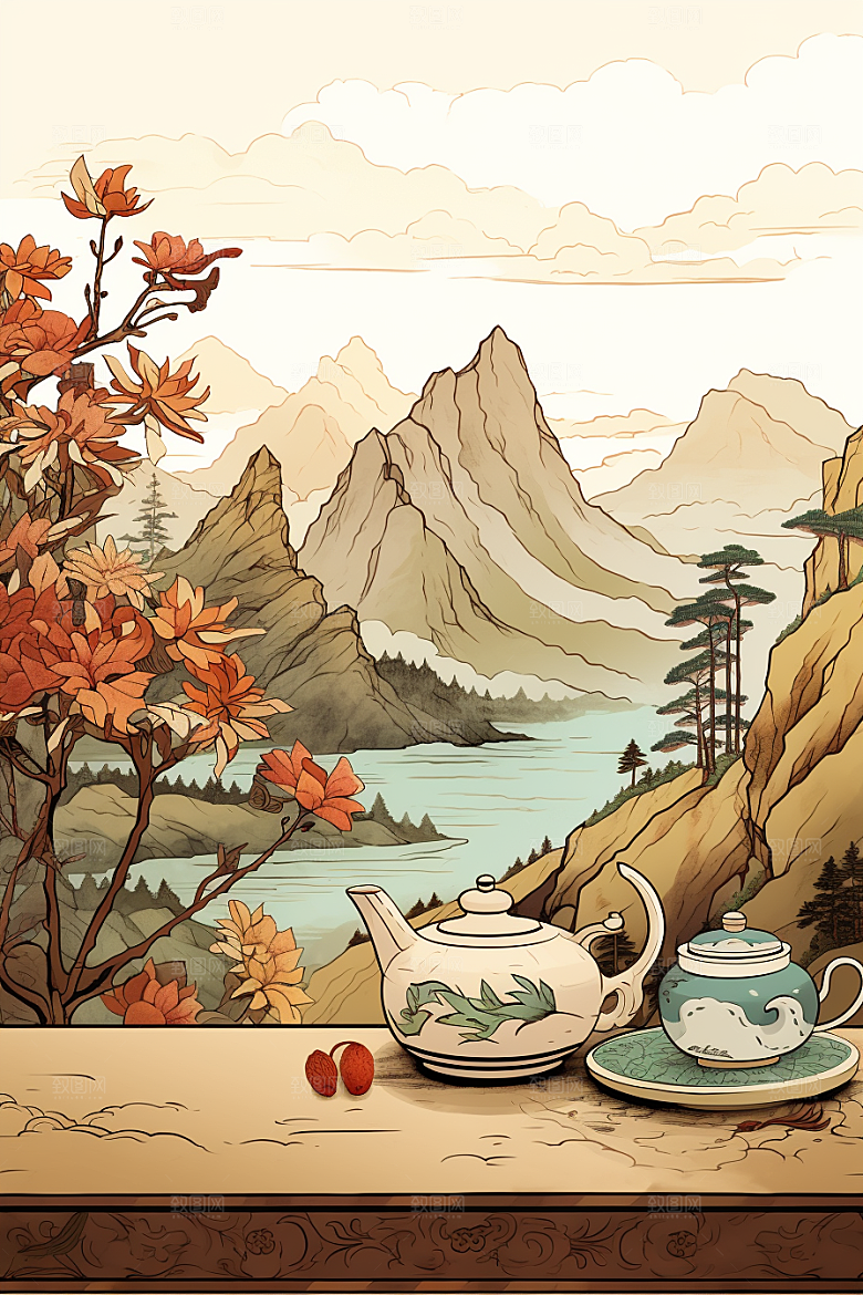 茶壶山水中国风国画插画