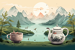 茶壶山水写实艺术水墨插画