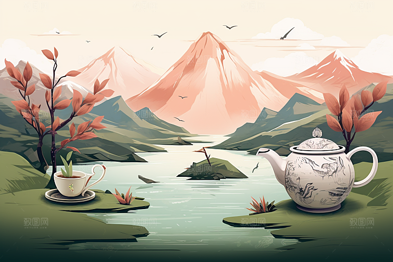 茶壶山水中国风风景插画