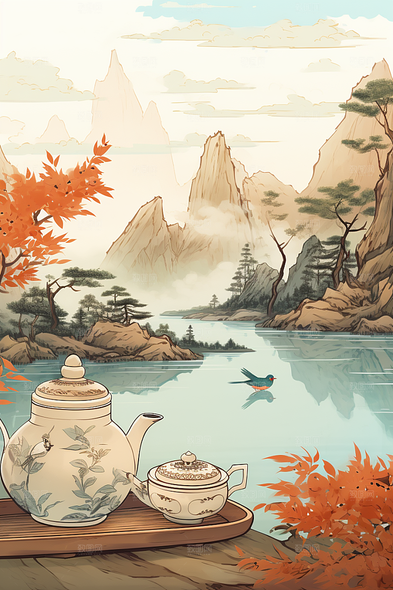茶壶山水写实艺术中国风插画