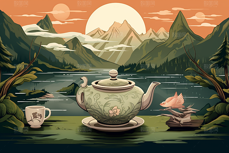 茶壶山水中国风写实艺术插画