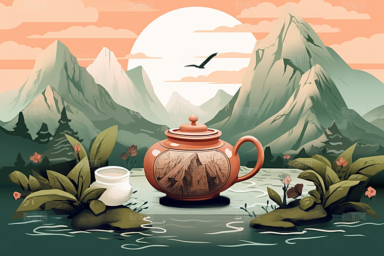 茶壶山水中国风写实艺术插画