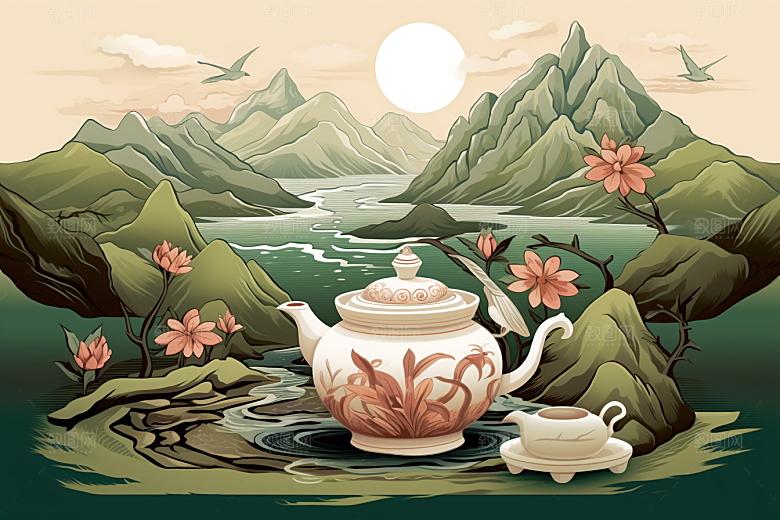 茶壶山水风景手绘插画