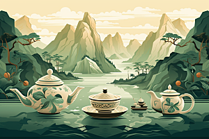 茶壶山水手绘中国风插画