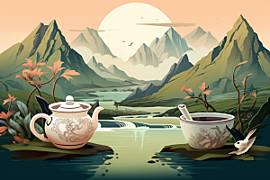 茶壶山水手绘中国风插画