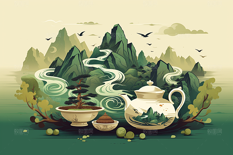 茶壶山水中国风水墨插画