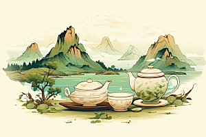 茶壶山水水墨中国风插画